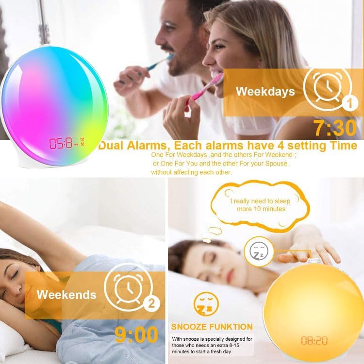 Wecker, Lichtwecker mit Sonnenaufgang/Sonnenuntergang Simulation, Tageslichtwecker mit Snooze-Funktion and Dual Alarme, Sonnenuntergang lampe mit 10 Natürliche Klänge, 7 Farben Atmosphäre Lampe [Energieklasse G]