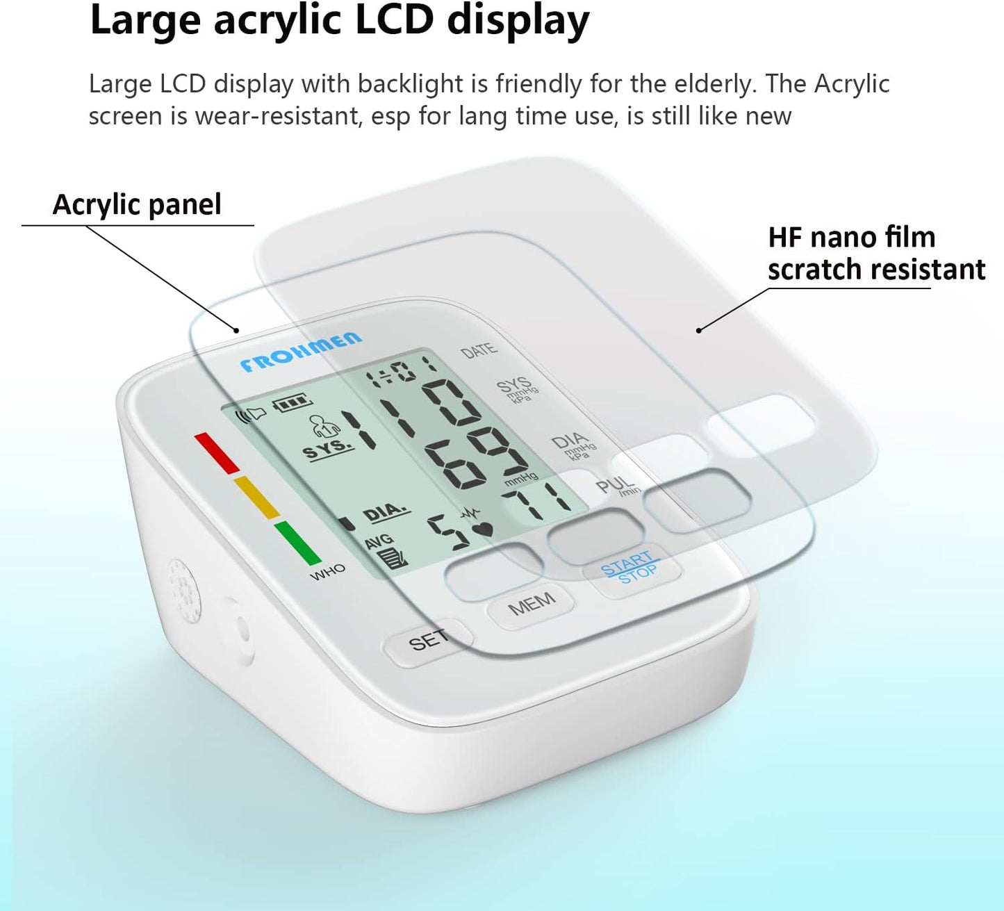 Frohmen Oberarm-Blutdruckmessgerät, digitales Blutdruckmessgerät zur Blutdruck- und Pulsmessung, großer LCD-Acryl-Bildschirm
