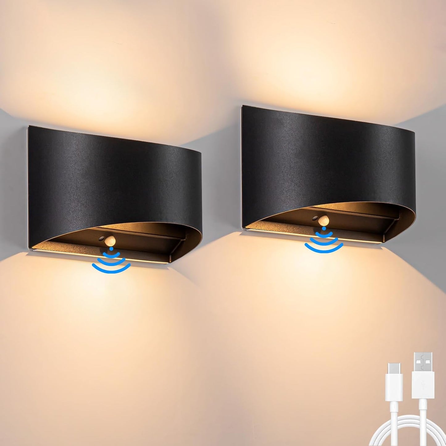 Liyabber 6W LED Akku Wandleuchte Kabellos mit Bewegungsmelder, USB-C Wiederaufladbare Akku Wandlampen, 3200mAh Innenwandleuchte mit Schalter, 2-teilige Hallamp Akkubetriebene Treppenhaus Wandbeleuchtung [Energieklasse F]