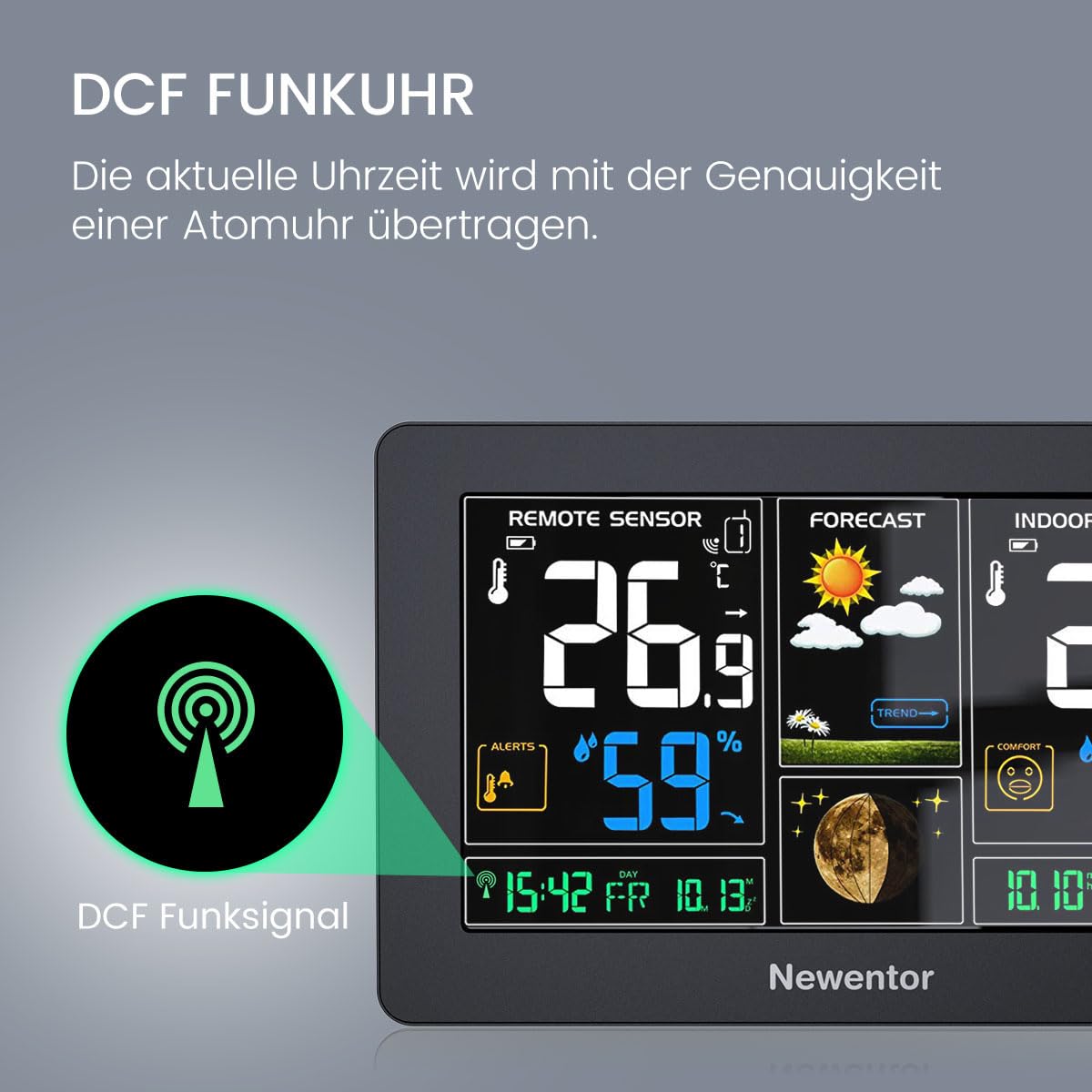 Newentor Wetterstation Funk mit Außensensor - Funkwetterstation mit Wettervorhersage, Temperaturwarnung, DCF Funkuhr - Batteriebetrieb und Netzbetrieb, Schwarz, 3 Außensensoren