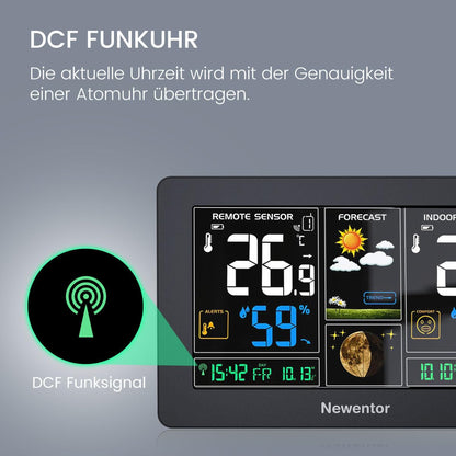 Newentor Wetterstation Funk mit Außensensor - Funkwetterstation mit Wettervorhersage, Temperaturwarnung, DCF Funkuhr - Batteriebetrieb und Netzbetrieb, Schwarz, 3 Außensensoren