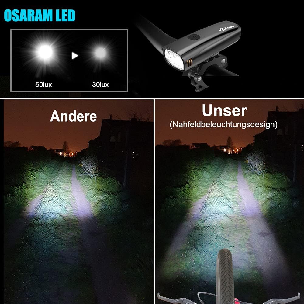 toptrek Fahrradlicht Set Akku Kapazität Bis Zu 2600mAh LED Fahrradbeleuchtung Laufzeit Bis Zu 9 Stunden Fahrradlampe, IPX5 Wasserdicht Fahrrad licht mit Nahfeldbeleuchtung