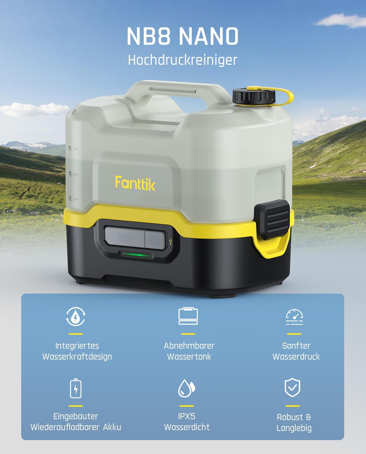 Fanttik NB8 Nano Tragbarer, kabelloser, elektrischer Hochdruckreiniger mit 8 LiterTank, einziehbarem Sprühkopf, 2600 mAh, Waschmaschine für Terrasse, Campingdusche und Haustierreinigung