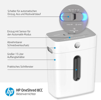 HP OneShred 8CC Aktenvernichter P-4 Security Kreuzschnitt 8 Blatt 2801 Partikelenschnitt