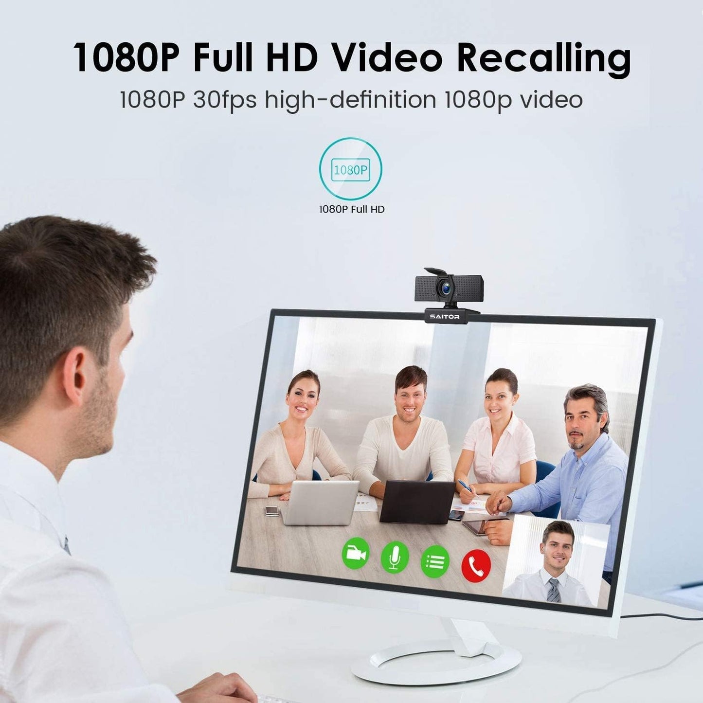 Webcam SAITOR 1080P avec microphone et protection des yeux, caméra Web Full HD pour ordinateur, PC, ordinateur portable, ordinateur de bureau, USB Plug and Play, étude de conférence, connexion vidéo, Skype