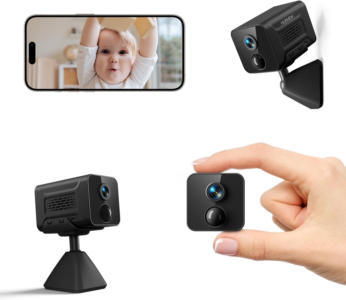 MUBVIEW Mini-Kamera, 1080P kabellose WLAN-Überwachungskamera für den Innenbereich, batteriebetriebene Innenkamera, PIR-Bewegungserkennung, Nachtsicht, Zwei-Wege-Audio, SD-/Cloud-Speicher (WLAN 2,4 GHz)