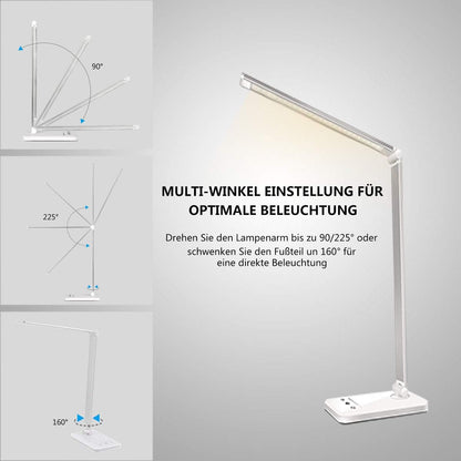 SLATOR Schreibtischlampe LED Dimmbare Tischleuchte 5 Farb und 10 Helligkeitsstufen Nachttischlampe USB-Anschluss für Aufladung des Smartphones Leselicht für Leser, Kinder, QM019, Aluminium, Silver