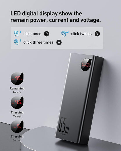 Baseus Powerbank, 65W Power Bank 20000mAh, Laptop Powerbank PD QC 3+, Externe Handyakkus USB-C Input & Output, für Steam Deck Rog Ally MacBook, Dell, HP, Notebook, iPhone, Galaxy