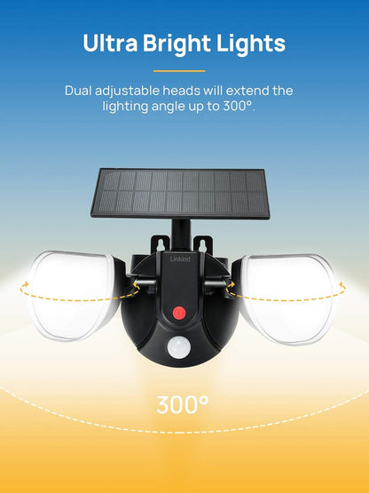 Linkind Guard Lampe clignotante LED avec détecteur de mouvement solaire, panneau solaire externe avec câble de 9,8 m, 2 têtes réglables, applique murale de sécurité, angle 300°, éclairage de sécurité IP67 pour véranda, Hinterhof, lot de 2
