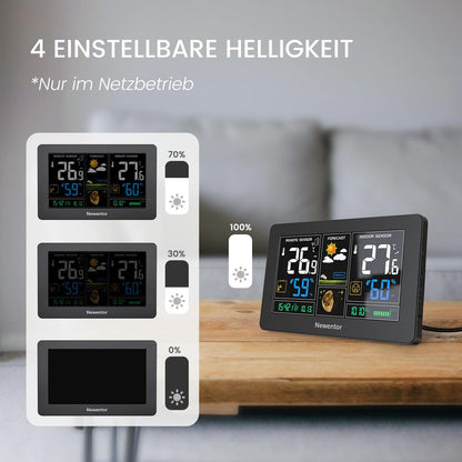 Newentor Wetterstation Funk mit Außensensor - Funkwetterstation mit Wettervorhersage, Temperaturwarnung, DCF Funkuhr - Batteriebetrieb und Netzbetrieb, Schwarz, 3 Außensensoren