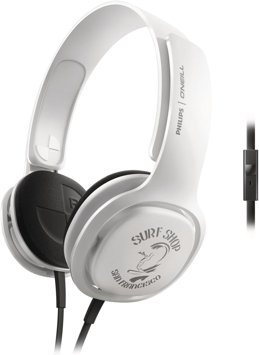 Casque supra-auriculaire Philips O'Neill Cruz SHOW 3305 STKR/00 avec basses supplémentaires et fonction casque universelle, blanc/noir