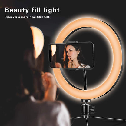 Ringlicht 10" mit Stativständer und Telefonhalter für YouTube-Video und Streaming, Schreibtisch-Make-up, LED-Ringlicht dimmbar für Fotobeleuchtung, Selfie mit 3 Lichtmodi und 10 Helligkeitsstufen (10")