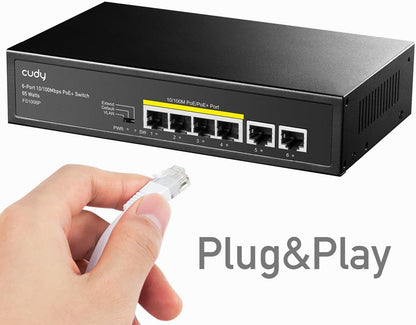 Cudy Poe+ Switch 6 Ports 10/100Mbps, 60W, 4 Poe/Poe+, Switch Unmanaged, CCTV-Modus, VLAN, Keine zusätzliche Stromversorgung, FS1006P