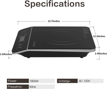 Tragbares Induktionskochfeld, Sunmaki 2000W Induktionsherd mit LCD-Sensor Touch, 10 Leistungsstufen und 10 Temperatureinstellungen, Touch-Bedienelemente, 4-Stunden-Timer, Schwarz