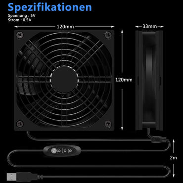 AMTSEE 120 mm USB-Lüfter, doppelter PC, belüftet, 3 einstellbare Geschwindigkeiten, Computer-Lüfter, 5 V-Kühler, 12 cm, leiser Gehäuselüfter, 2 in 1, kompatibel mit Computer/PS4/TV-Box/AV-Schrank/Route