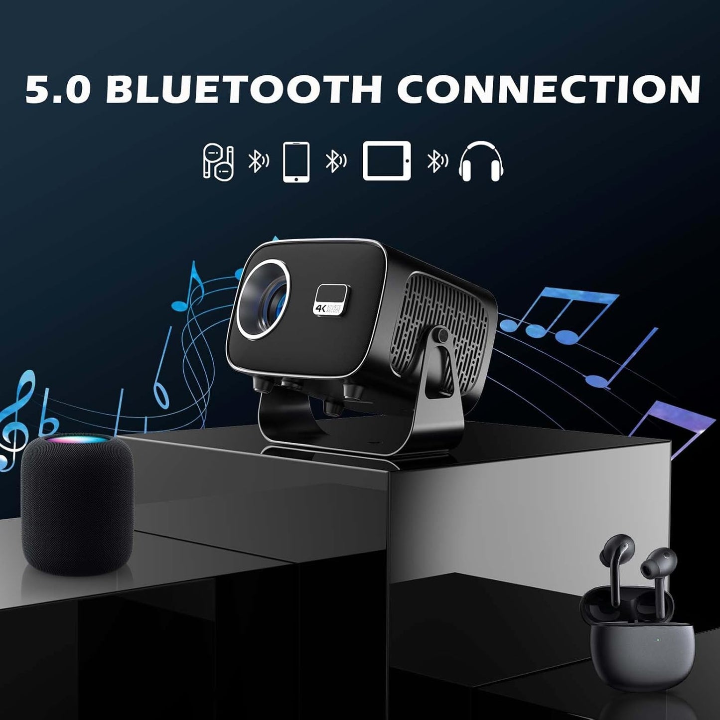 Mini-Projektor 4K, tragbarer Smart-Projektor mit 5G-WLAN und Bluetooth, TV-Projektor für Schlafzimmer, Heimkino, Video-Filmprojektor für Android-Telefone im Freien, 1080P, 15000LM