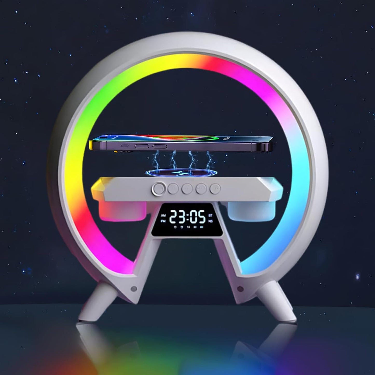 Atmosphärenlampe mit Kabellosem Ladegerät, 5 in 1 Kabelloses Laden Tischlampe,LED Nachttischlampe, Musik Alarm Clock,Dimmbar Nachtlicht, Bluetooth-Lautsprecher, für Büro, Schlafzimmer,Wohnzimmer [Energieklasse G]