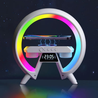 Atmosphärenlampe mit Kabellosem Ladegerät, 5 in 1 Kabelloses Laden Tischlampe,LED Nachttischlampe, Musik Alarm Clock,Dimmbar Nachtlicht, Bluetooth-Lautsprecher, für Büro, Schlafzimmer,Wohnzimmer [Energieklasse G]