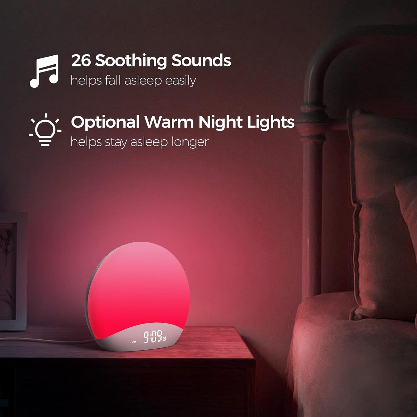 REACHER Sound Machine Sonnenaufgangswecker mit Nachtlicht, 26 von der Natur inspirierte Schlafgeräusche, 0-100% dimmbare Uhr, Sonnenaufgangslampe, Aufwachlicht, Braun/Rosa/Weiß Geräuschmaschine für