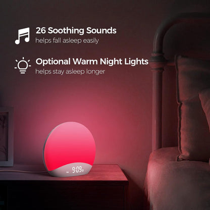REACHER Sound Machine Sonnenaufgangswecker mit Nachtlicht, 26 von der Natur inspirierte Schlafgeräusche, 0-100% dimmbare Uhr, Sonnenaufgangslampe, Aufwachlicht, Braun/Rosa/Weiß Geräuschmaschine für