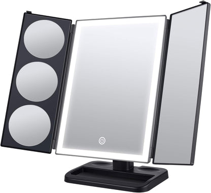 SOLVE Übergroßer Schminkspiegel mit Lichtern, 32 Superfire-LED-Lichtstreifen, Kosmetikspiegel mit 1-facher, 2-facher, 3-facher, 5-facher Vergrößerung, 180 und 90 Grad, Touchscreen-Schalter, Dual Flow, Schwarz
