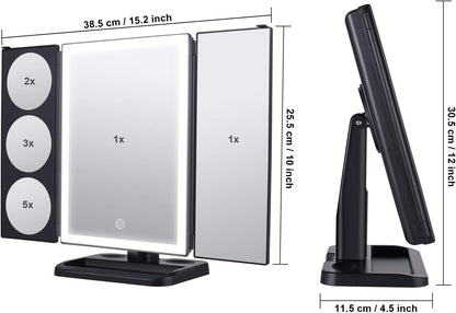 SOLVE Übergroßer Schminkspiegel mit Lichtern, 32 Superfire-LED-Lichtstreifen, Kosmetikspiegel mit 1-facher, 2-facher, 3-facher, 5-facher Vergrößerung, 180 und 90 Grad, Touchscreen-Schalter, Dual Flow, Schwarz