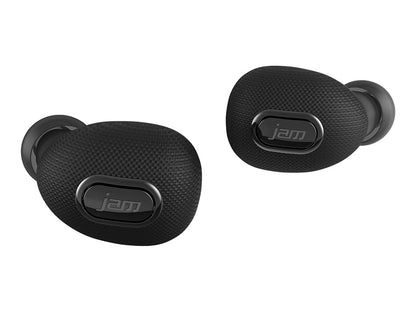 Jam Live True Wireless-Ohrhörer, 3 Stunden Spielzeit, zwei Mikrofone, Bluetooth und Siri, ultraleichtes Freisprechen, Tragetasche mit integriertem Ladegerät – Schwarz