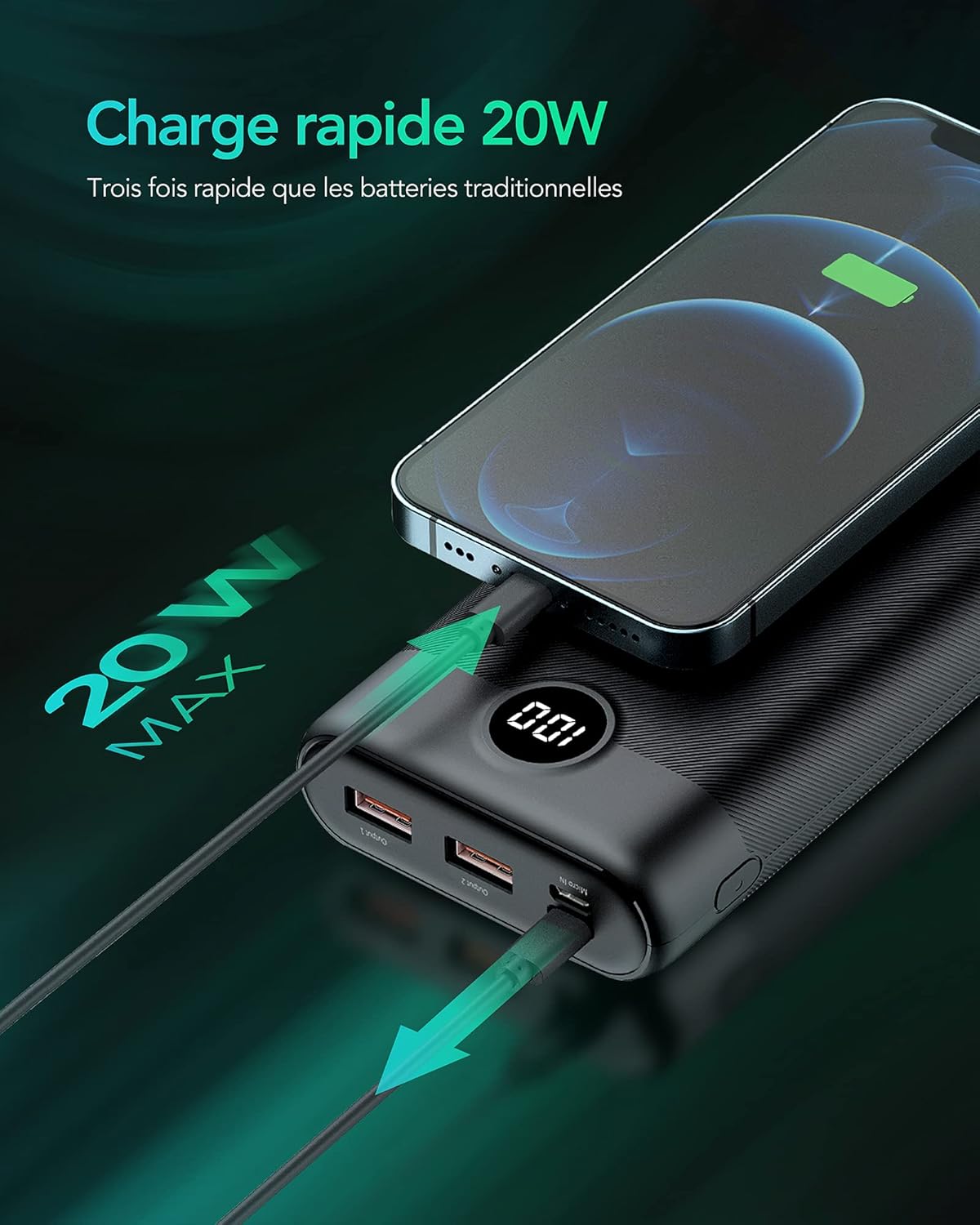 Charmast Externer Akku 30000 mAh Tragbarer Akku USB C 20 W Schnellladung QC 3.0 Powerbank mit 3 Ausgängen und 2 Eingängen Kompatibel mit Telefon iPhone 12 13 X 8 7, Samsung S 20 21 22, Huawei