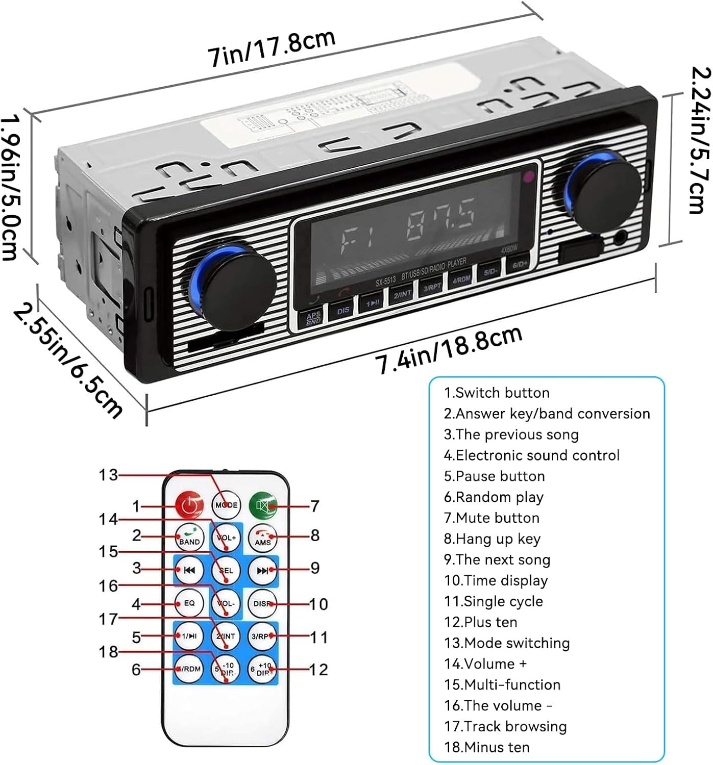 Oldtimer-Stereoanlage, Bluetooth-Autoradio, 2 Knöpfe, Einzel-DIN, 60WX4, FM, Freisprech-Autoradio, Oldtimer-MP3, AUX, USB, U-Disk-Audio mit Fernbedienung