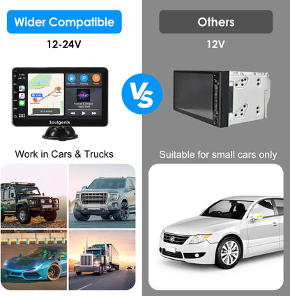 Wireless Apple CarPlay&Android Auto Display Portable Doppel Din Radio, Tragbares Autoradio 7 Zoll HD IPS Touchscreen,GPS Navi, Bluetooth, Rückfahrkamera, Mirror Link, FM, AUX CarPlay Display, 12-24V