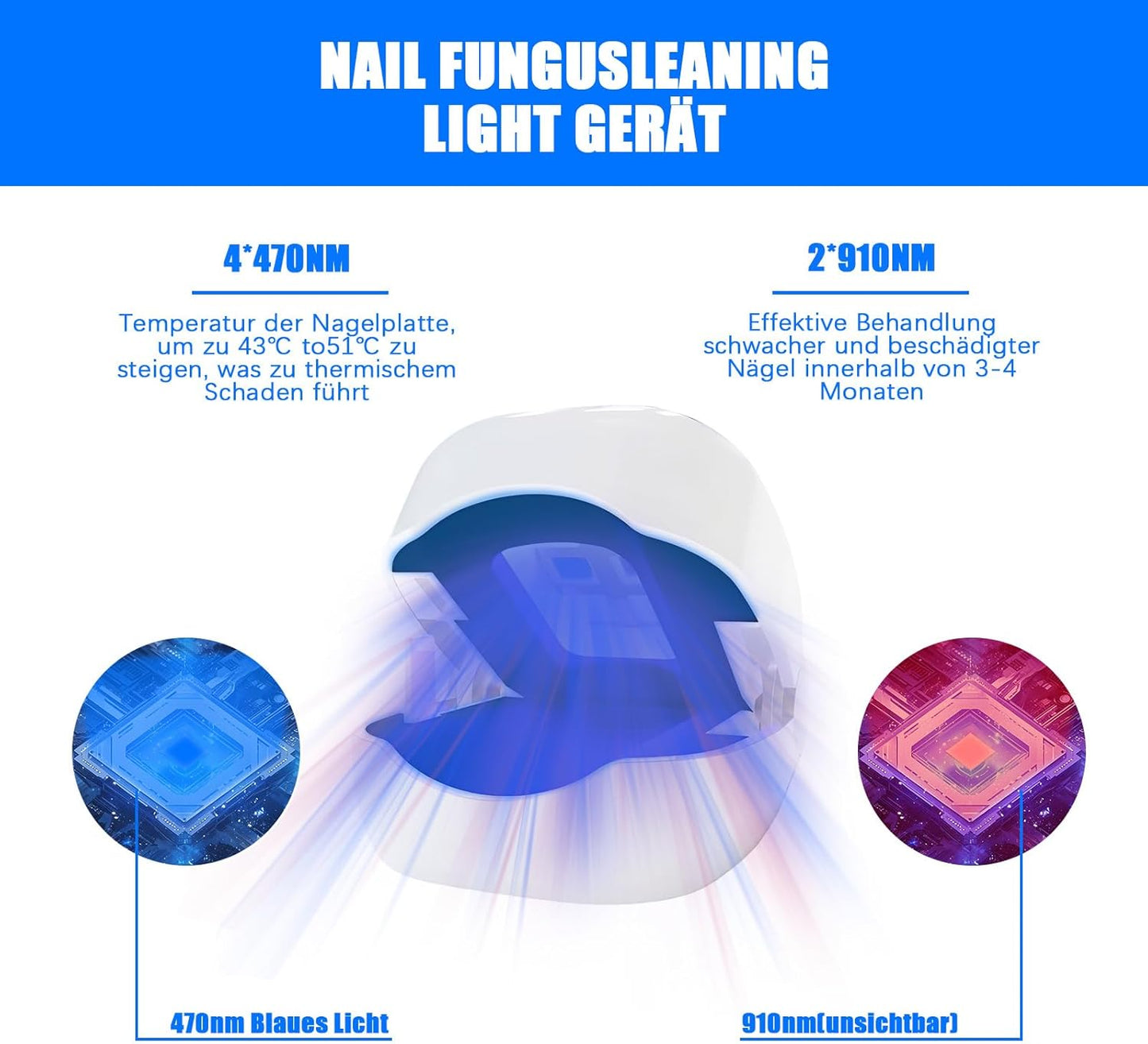 Nagelpilz Laser gerät Laser Nagelpilz Schnell Wirkende Hocheffizientes Nagelpilz Kaltlasertherapie, Behandlung von mehreren Zehen und bequemen Füßen 4 Blau 2 Infrarot Therapie Nagelpilz Laser (a)