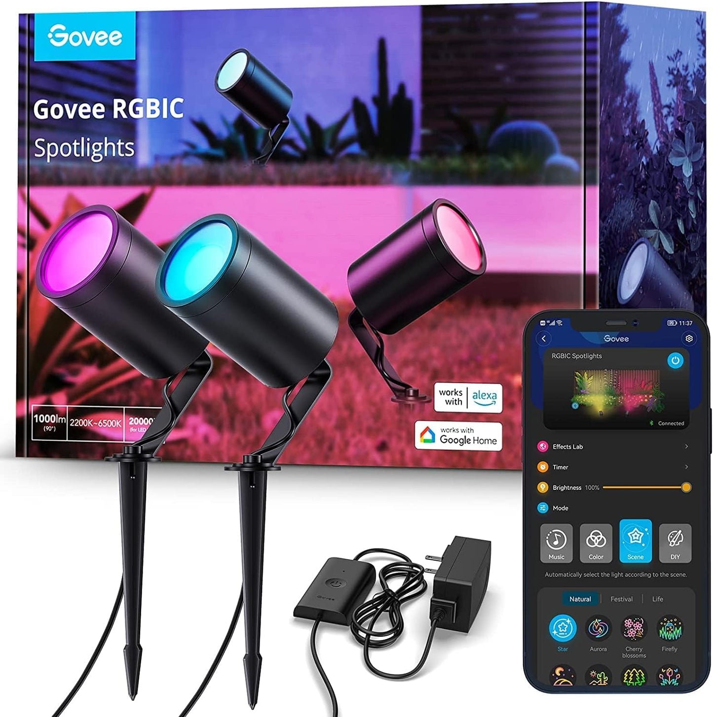 Projecteurs extérieurs LED Govee, décoration de Noël, étanche IP65, éclairage paysager pour l'extérieur, éclairages intelligents Wi-Fi, fonctionne avec Alexa, couleur RGBIC pour jardin, cour, lot de 2 [Classe énergétique G]