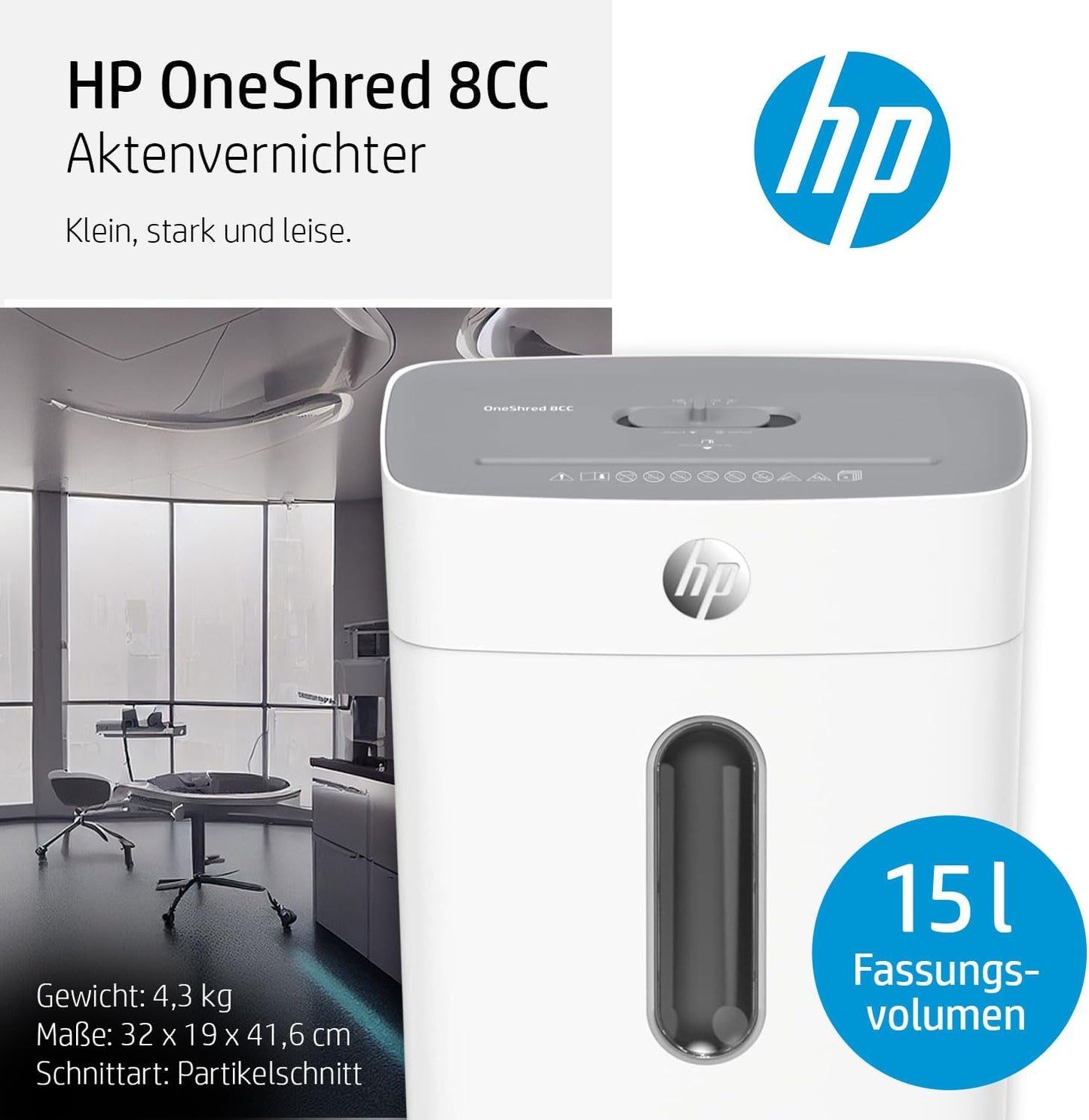HP OneShred 8CC Aktenvernichter P-4 Security Kreuzschnitt 8 Blatt 2801 Partikelenschnitt