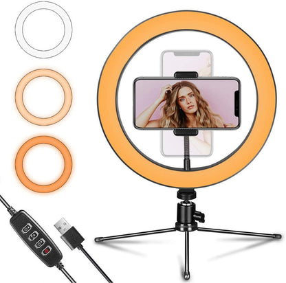Ringlicht 10" mit Stativständer und Telefonhalter für YouTube-Video und Streaming, Schreibtisch-Make-up, LED-Ringlicht dimmbar für Fotobeleuchtung, Selfie mit 3 Lichtmodi und 10 Helligkeitsstufen (10")
