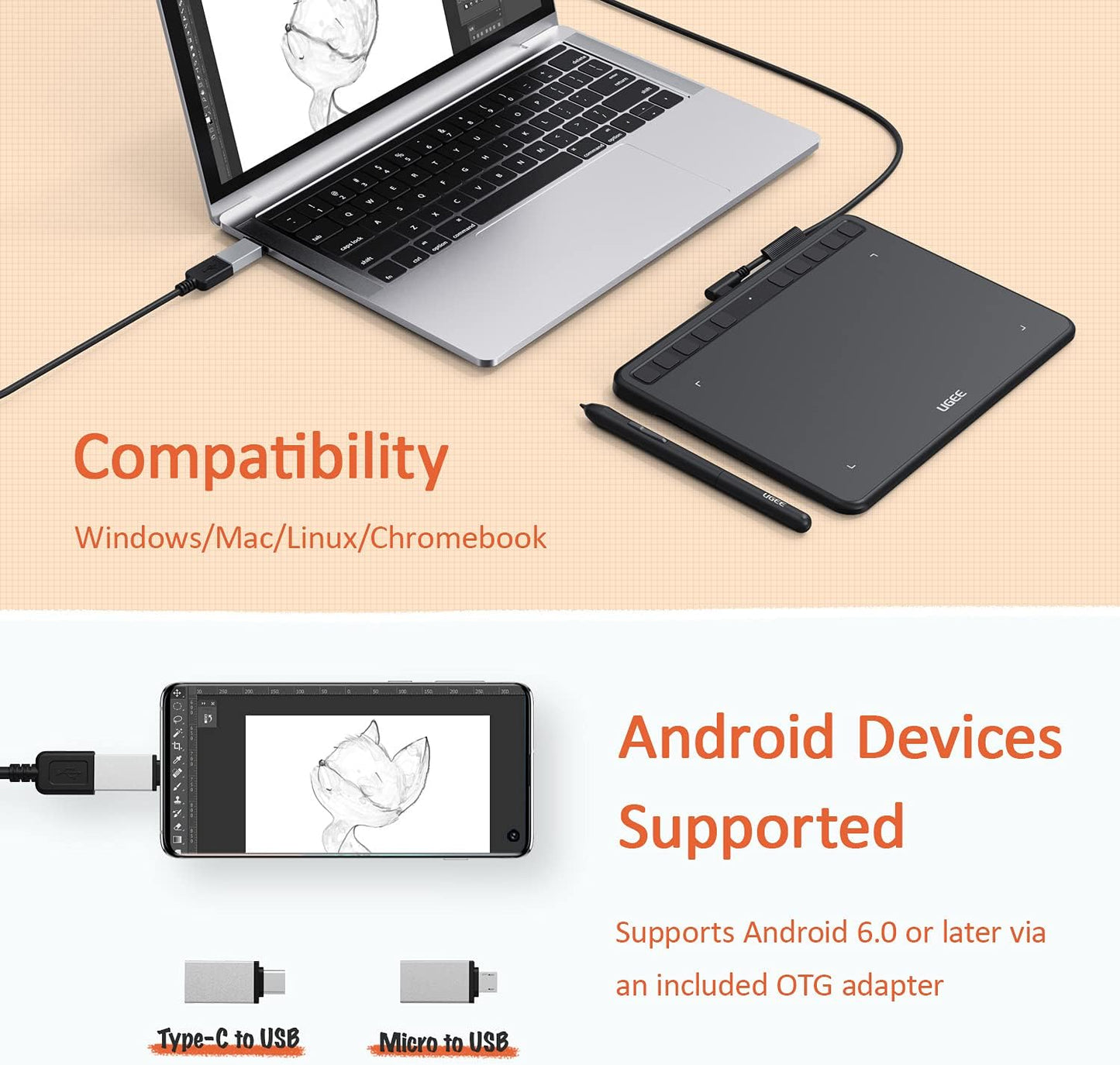 UGEE S640 Grafiktablett, digitales Zeichentablett mit Stylus, batterieloser Druckempfindlichkeit, 8192 Stylus Tablet, 10 Tastenkombinationen, kompatibel mit Windows, Mac, Linux und Android