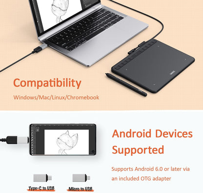 UGEE S640 Grafiktablett, digitales Zeichentablett mit Stylus, batterieloser Druckempfindlichkeit, 8192 Stylus Tablet, 10 Tastenkombinationen, kompatibel mit Windows, Mac, Linux und Android