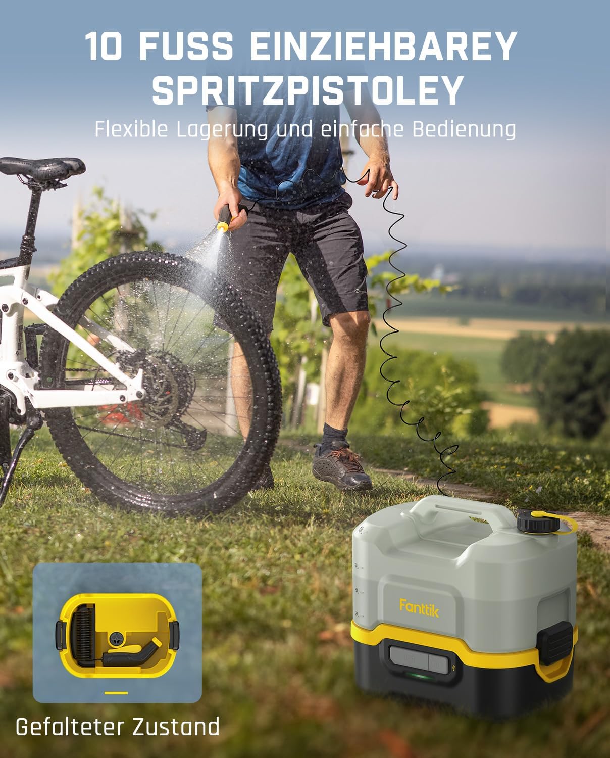 Fanttik NB8 Nano Tragbarer, kabelloser, elektrischer Hochdruckreiniger mit 8 LiterTank, einziehbarem Sprühkopf, 2600 mAh, Waschmaschine für Terrasse, Campingdusche und Haustierreinigung