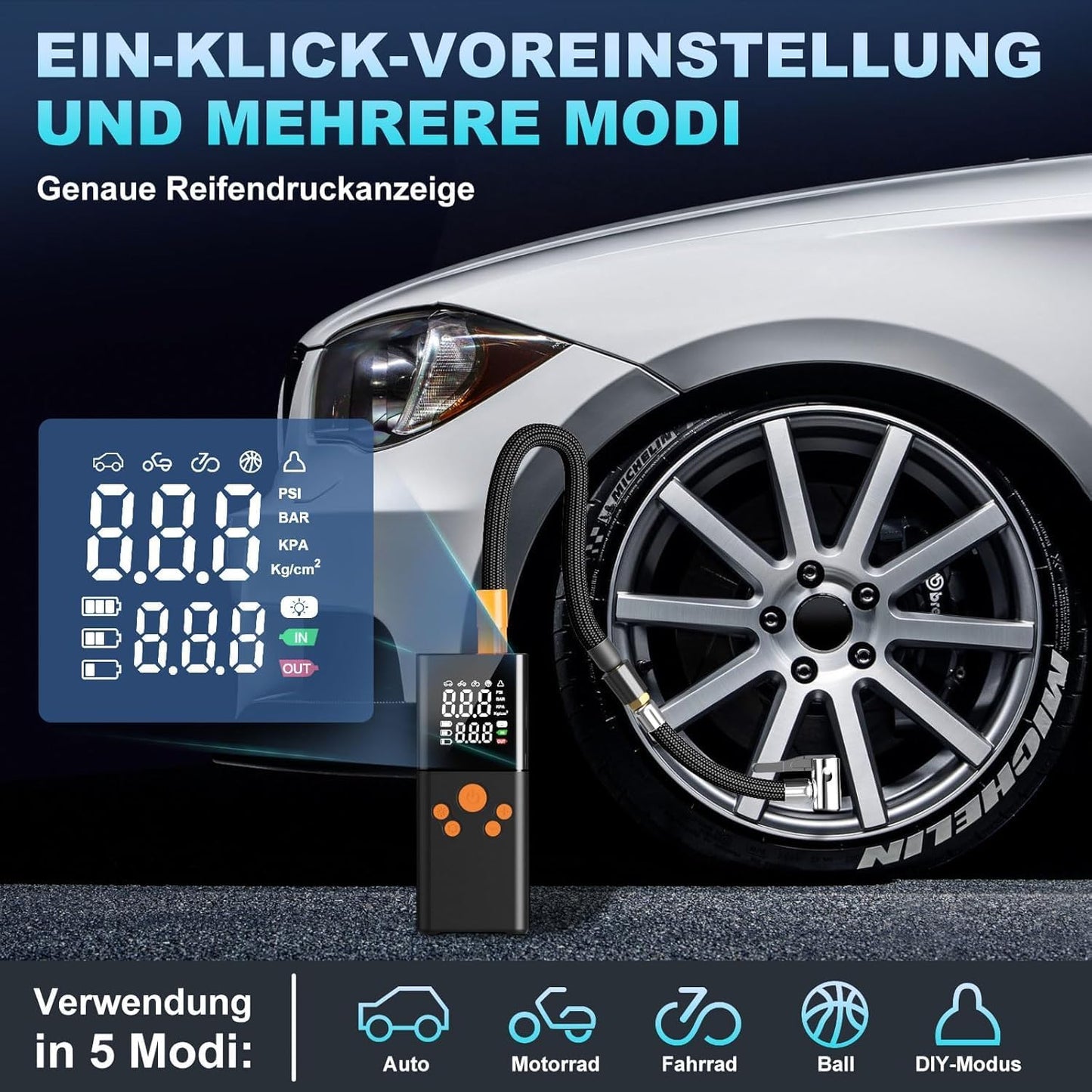 Qıngque CZK-5611 Pompe à air de voiture Akku-Luftpumpe, Kompressor, Akku-Pumpe, électrique, 150 PSI, 10000 mAh, Akku-Kompressor variable avec écran LCD numérique, impression (noir)