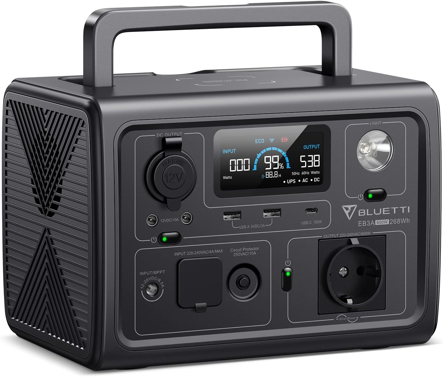 Générateur solaire portable BLUETTI EB3A, batterie de secours LiFePO4 268 Wh avec alimentation secteur 600 W (1 200 W Spitze), pour les voyages et le camping