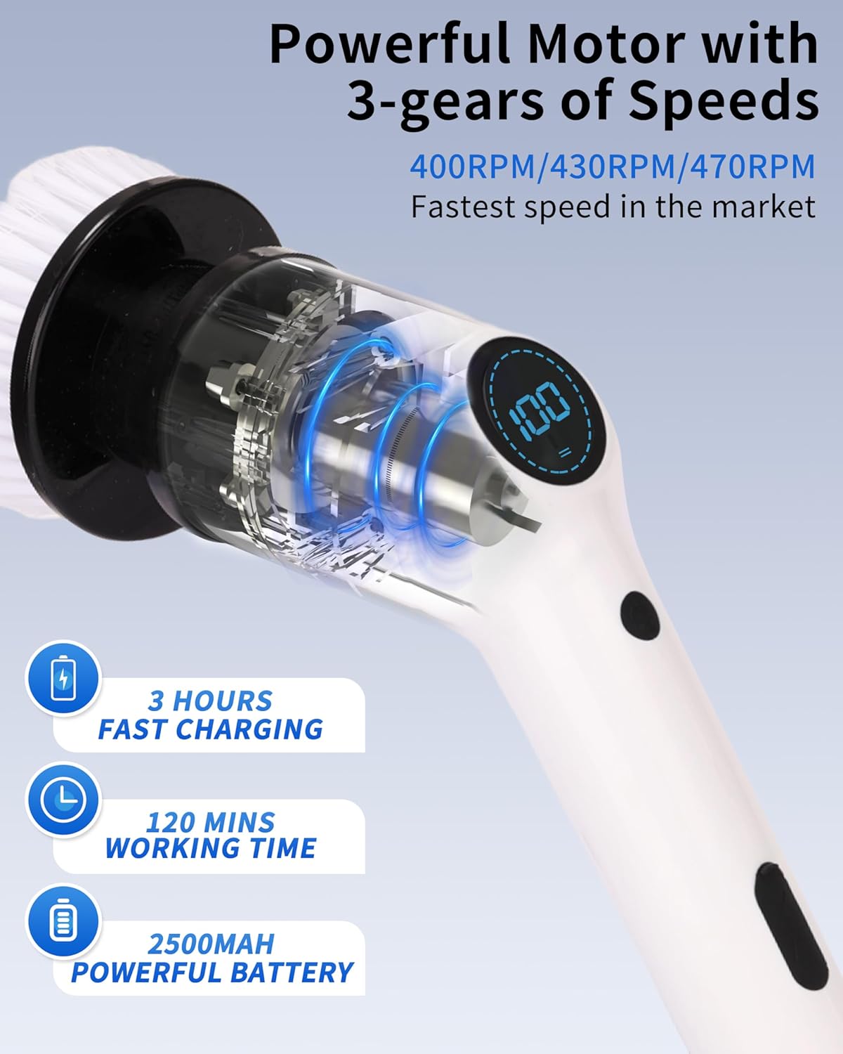 Elektrischer Spin Scrubber, 9-in-1-Akku-Reinigungsbürste mit USB-Anschluss Typ C, Ladegerät, 3 einstellbaren Geschwindigkeiten, LED-Anzeige, elektrischer Schrubber zum Reinigen von Badezimmer-, Badewannen- und Fliesenböden