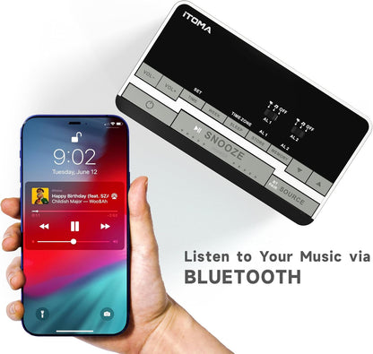 iTOMA Radiowecker，Bluetooth Stereo Lautsprecher, FM Radio, Dual Wecker, Snooze, Helligkeitsdimmer, USB-Aufladung, Wecker für Schlafzimmer Büro 3501