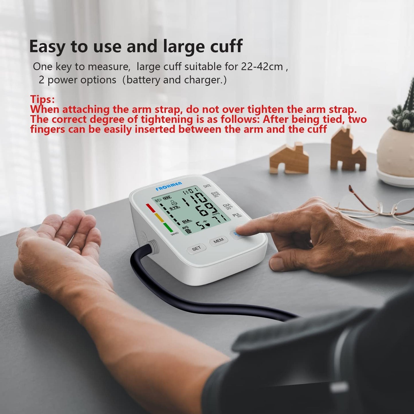 Frohmen Oberarm-Blutdruckmessgerät, digitales Blutdruckmessgerät zur Blutdruck- und Pulsmessung, großer LCD-Acryl-Bildschirm