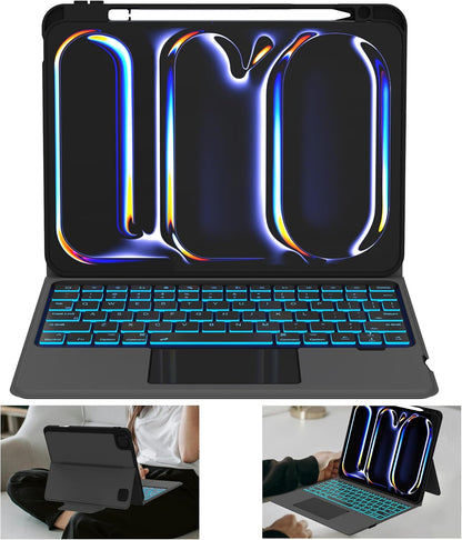 Tastatur Hülle für iPad Pro 11 Zoll (M4) 2024 - Abnehmbare Magnetisch 7 Farbige Beleuchtung Touchpad Tablet Cover mit Stifthalter - Beleuchtete Deutsches QWERTZ Layout Tastatur für iPad 11" M4 Schwarz