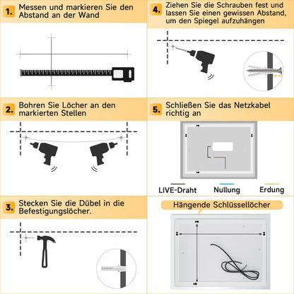 SONNI LED Badspiegel mit Beleuchtung 60x50cm, Badezimmerspiegel mit Beleuchtung Kaltweiß, LED Badspiegel fürs Badezimmer, Vertikale und Horizontale Montage, IP44 Wasserdicht