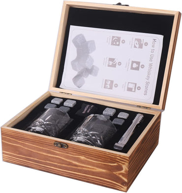 ZBPASL Whisky-Geschenkset für Männer, 8 Whisky-Steine mit 2 Whisky-Gläsern, Whiskyglas, Eiszange mit Holzbox (Stil 01)