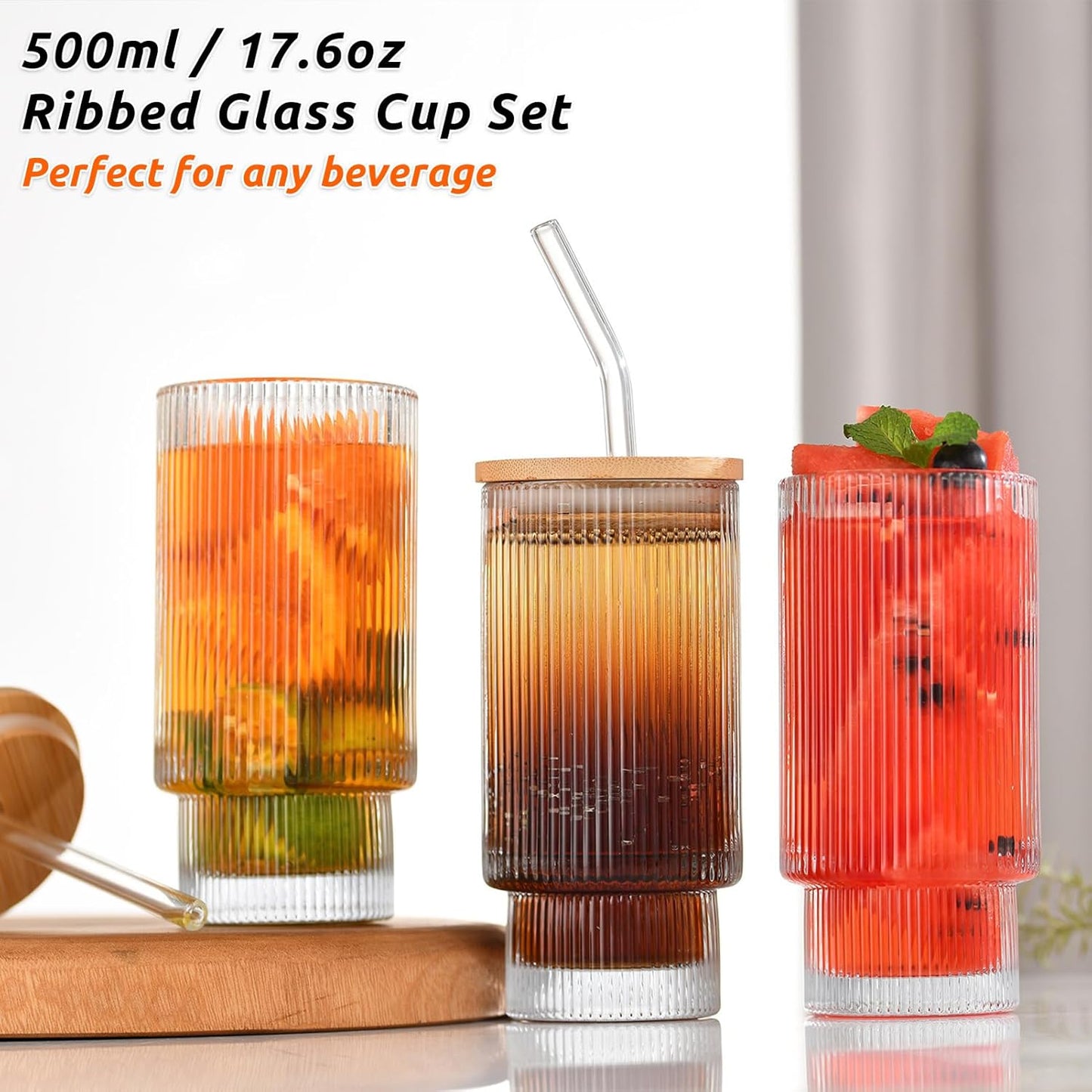 HMJIA 4er-Pack 500 ml Longdrinkgläser aus geriffeltem Glas mit Glasstrohhalmen, Bambusdeckeln, Reinigungsbürste – Cocktailglas-Set