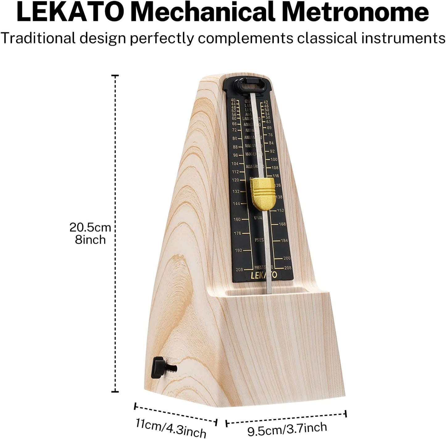 Métronome mécanique avec glocke, métronome universel LEKATO pour piano, guitare, ukulélé, violon et chromatique, ton de voix, haute précision de takt et tempo pour musicien, avec couleur bois