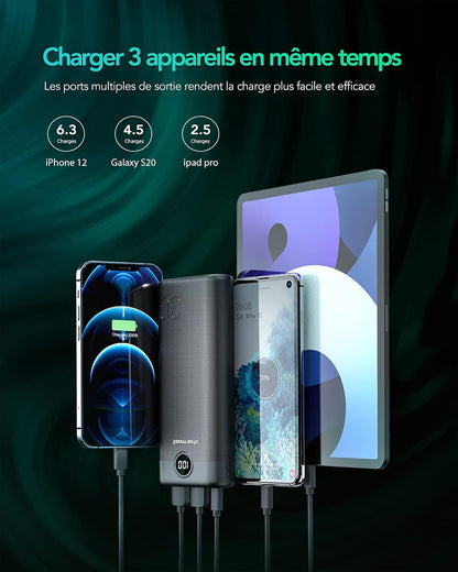 Charmast Externer Akku 30000 mAh Tragbarer Akku USB C 20 W Schnellladung QC 3.0 Powerbank mit 3 Ausgängen und 2 Eingängen Kompatibel mit Telefon iPhone 12 13 X 8 7, Samsung S 20 21 22, Huawei