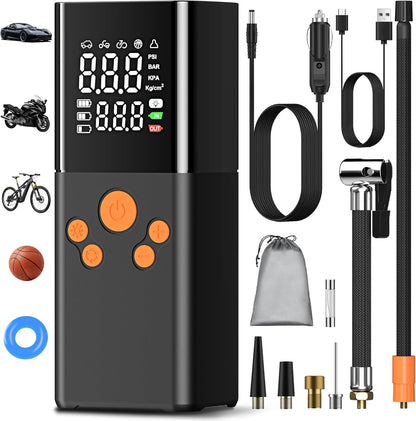 Qıngque CZK-5611 Pompe à air de voiture Akku-Luftpumpe, Kompressor, Akku-Pumpe, électrique, 150 PSI, 10000 mAh, Akku-Kompressor variable avec écran LCD numérique, impression (noir)
