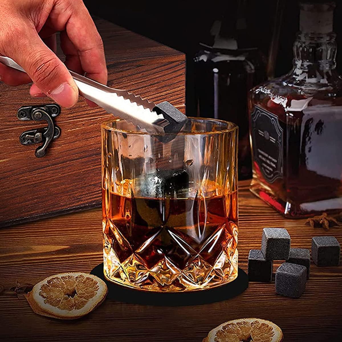 ZBPASL Whisky-Geschenkset für Männer, 8 Whisky-Steine mit 2 Whisky-Gläsern, Whiskyglas, Eiszange mit Holzbox (Stil 01)